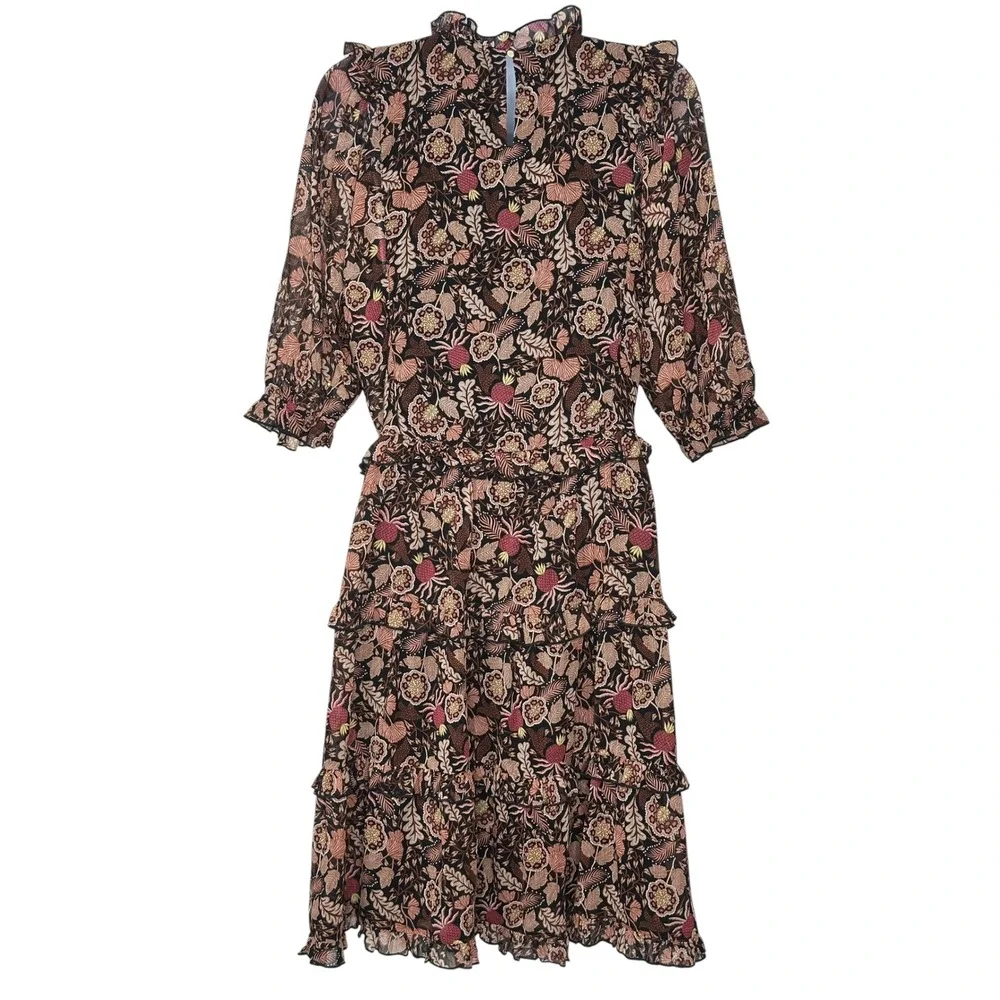 NEW Scotch & Soda Midi Dress Sz 14 Black Floral Tiered Ruffle Whimsigoth Party - Picture 5 of 15